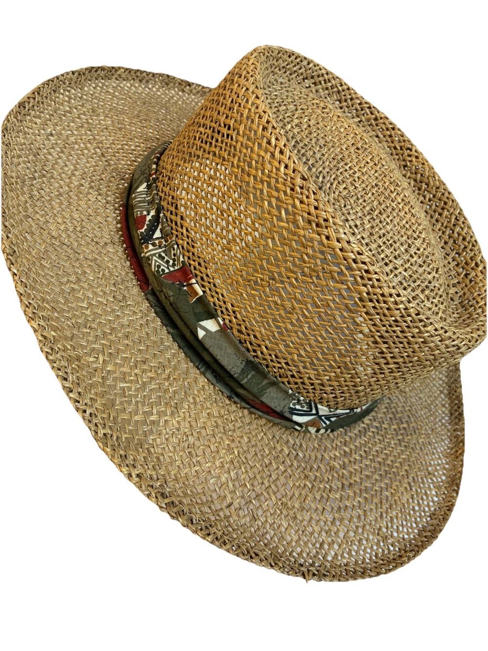 VTG Country Gentleman FEDORA HAT PANAMA Style 100% Straw Men's Retro Print Band